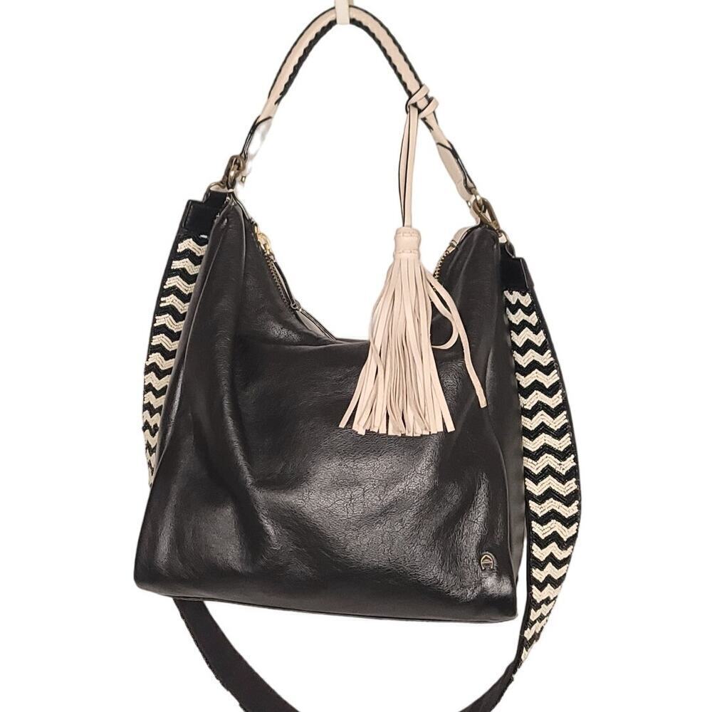 Etienne Aigner Ava Leather Hobo In Black +Anthropologie Chevron Beaded Bag Strap